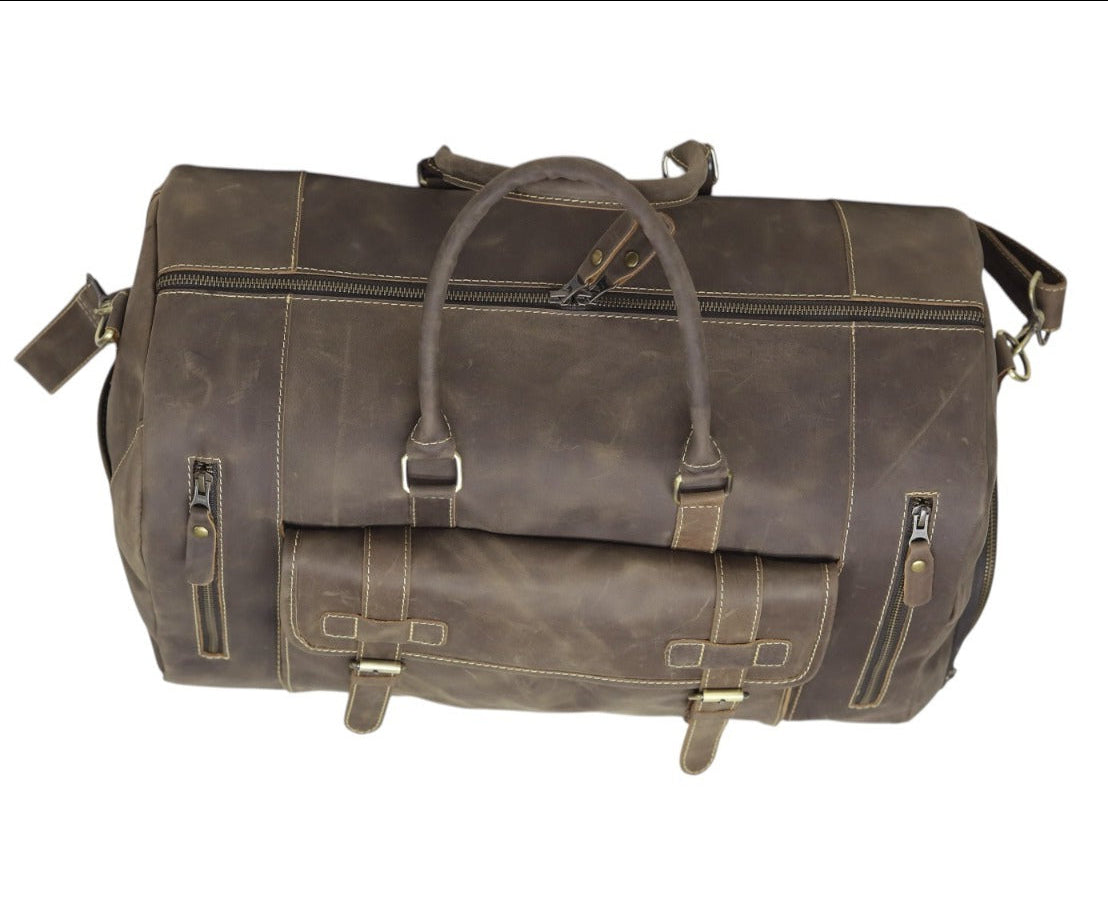 Vintage Leather Duffel Bag with Buckle Pocket