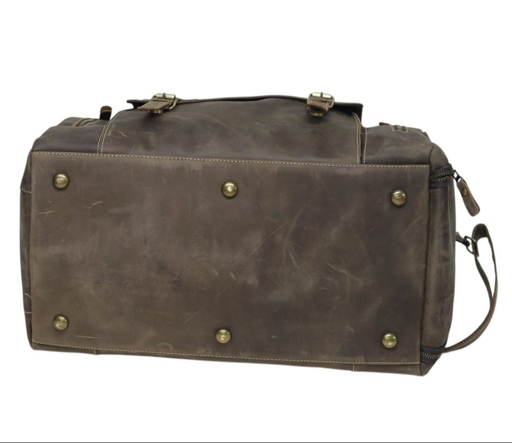 Vintage Leather Duffel Bag with Buckle Pocket