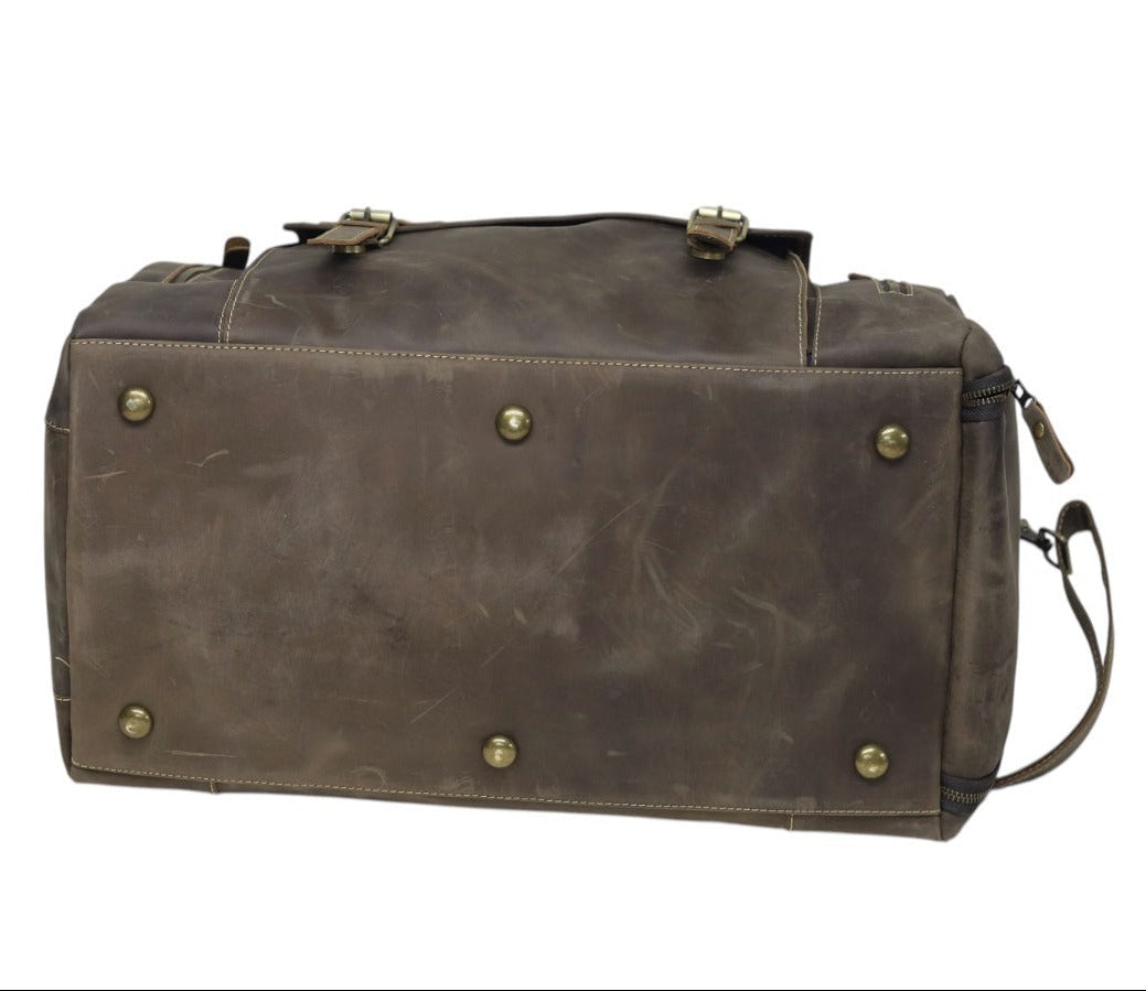 Vintage Leather Duffel Bag with Buckle Pocket