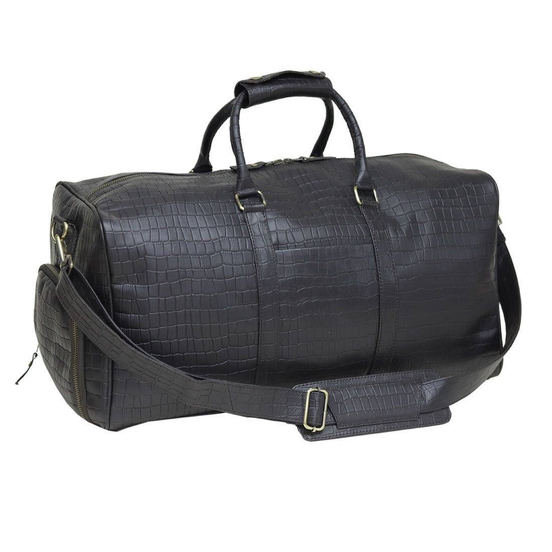 Black Croc-Embossed Leather Duffel Bag