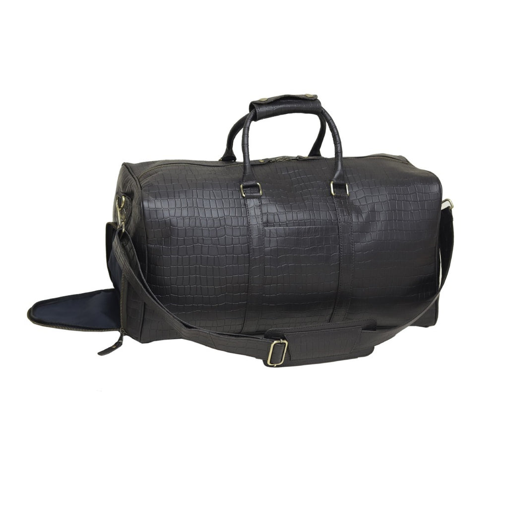 Black Croc-Embossed Leather Duffel Bag