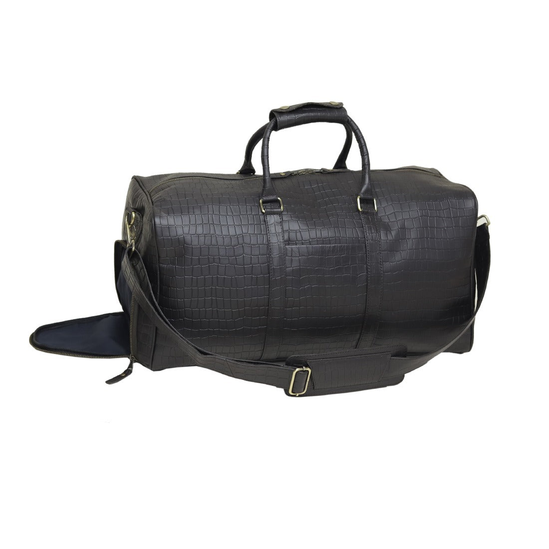 Black Croc-Embossed Leather Duffel Bag