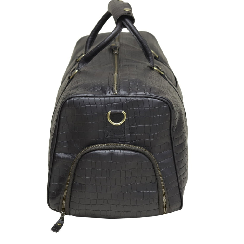 Black Croc-Embossed Leather Duffel Bag