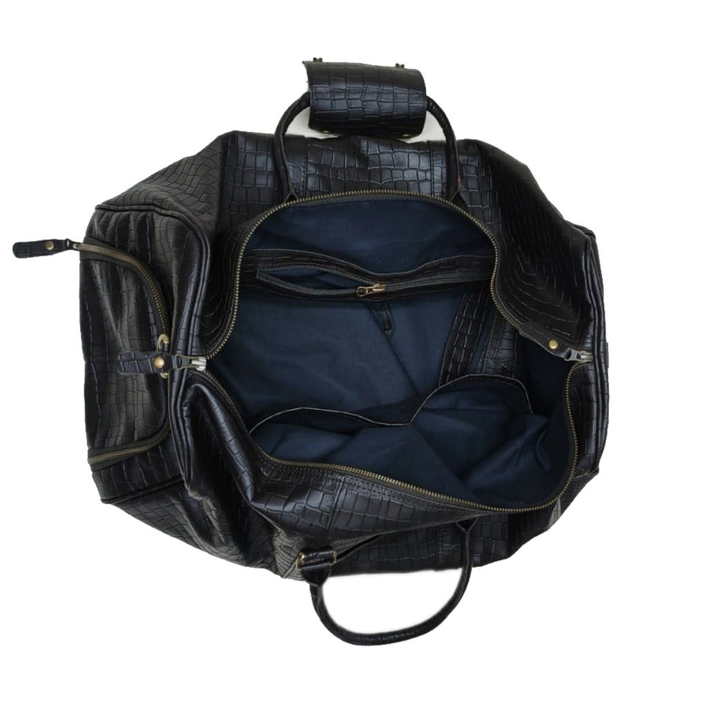 Black Croc-Embossed Leather Duffel Bag
