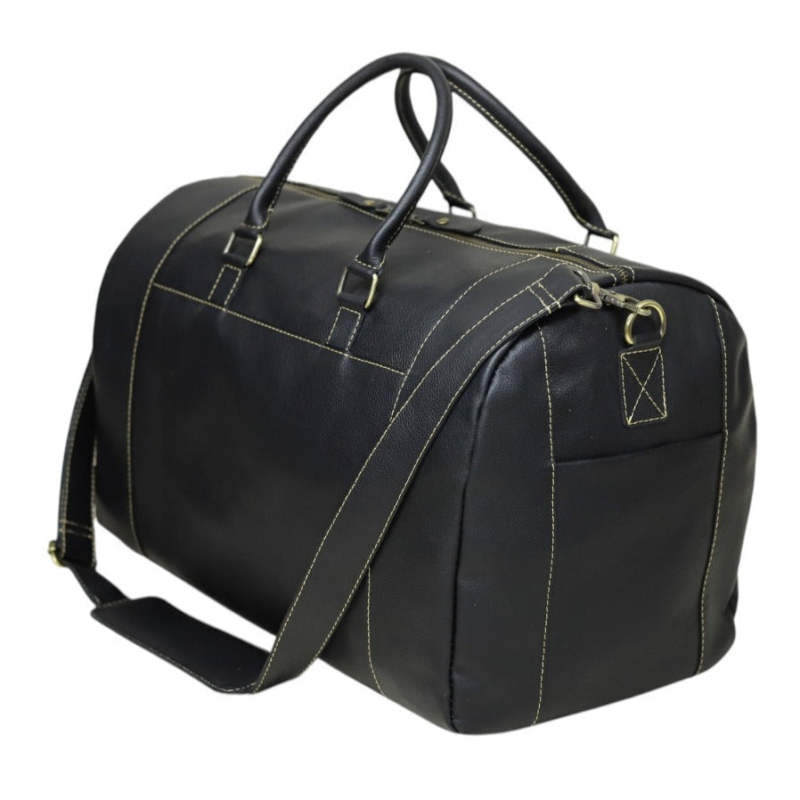 Black Leather Duffel Bag with Buckle Pocket