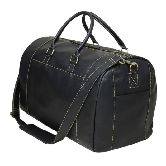 Black Leather Duffel Bag with Buckle Pocket