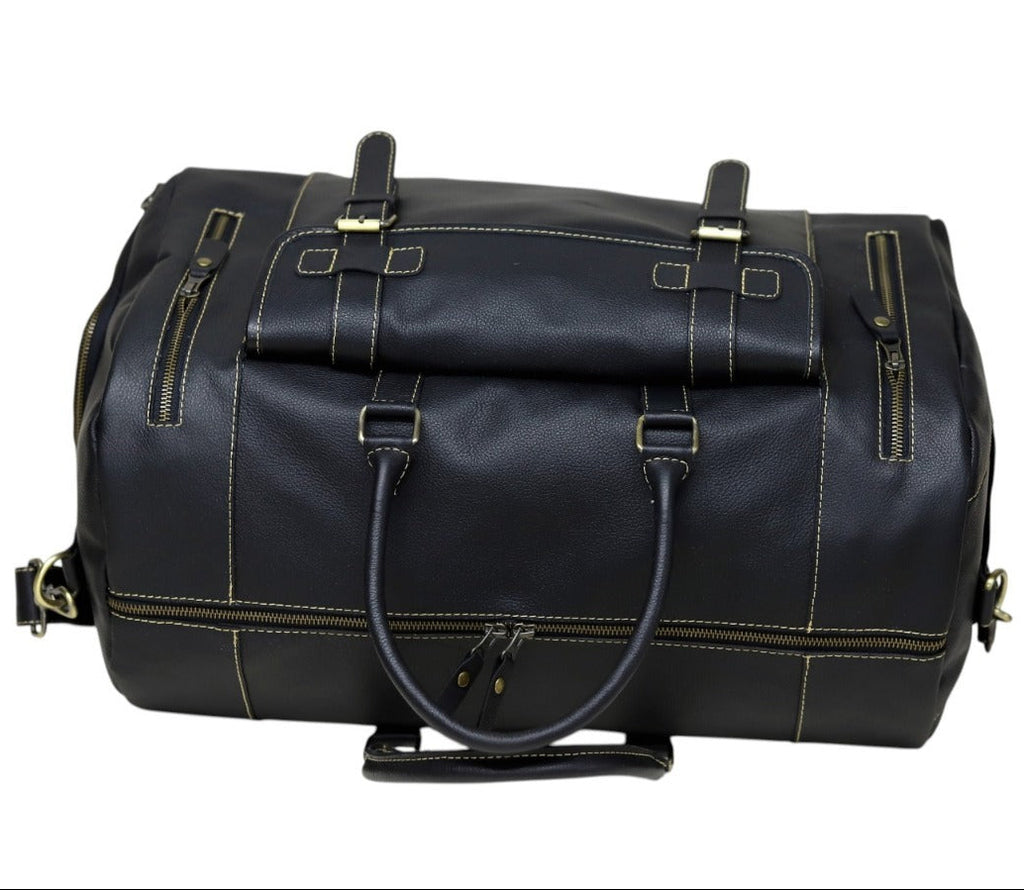 Black Leather Duffel Bag with Buckle Pocket