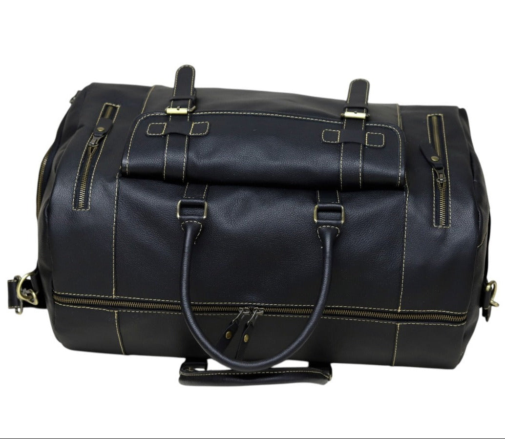 Black Leather Duffel Bag with Buckle Pocket