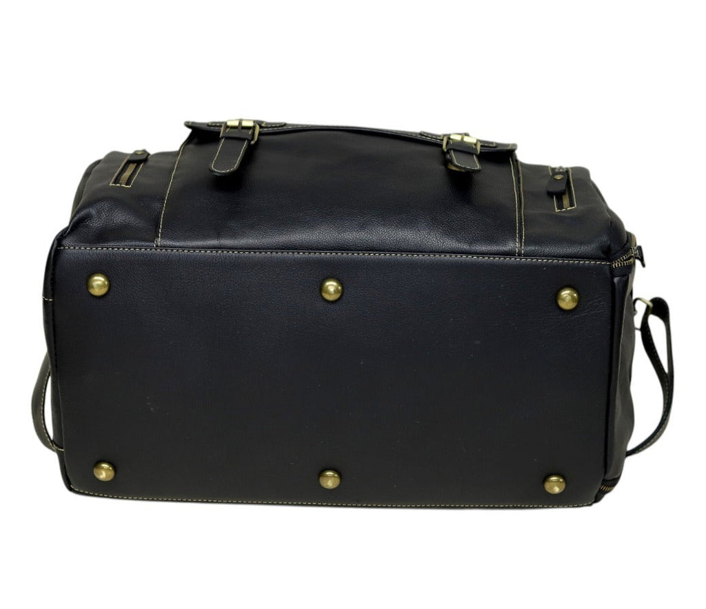 Black Leather Duffel Bag with Buckle Pocket