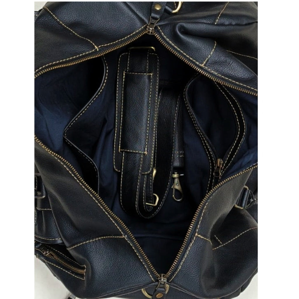 Black Leather Duffel Bag with Buckle Pocket