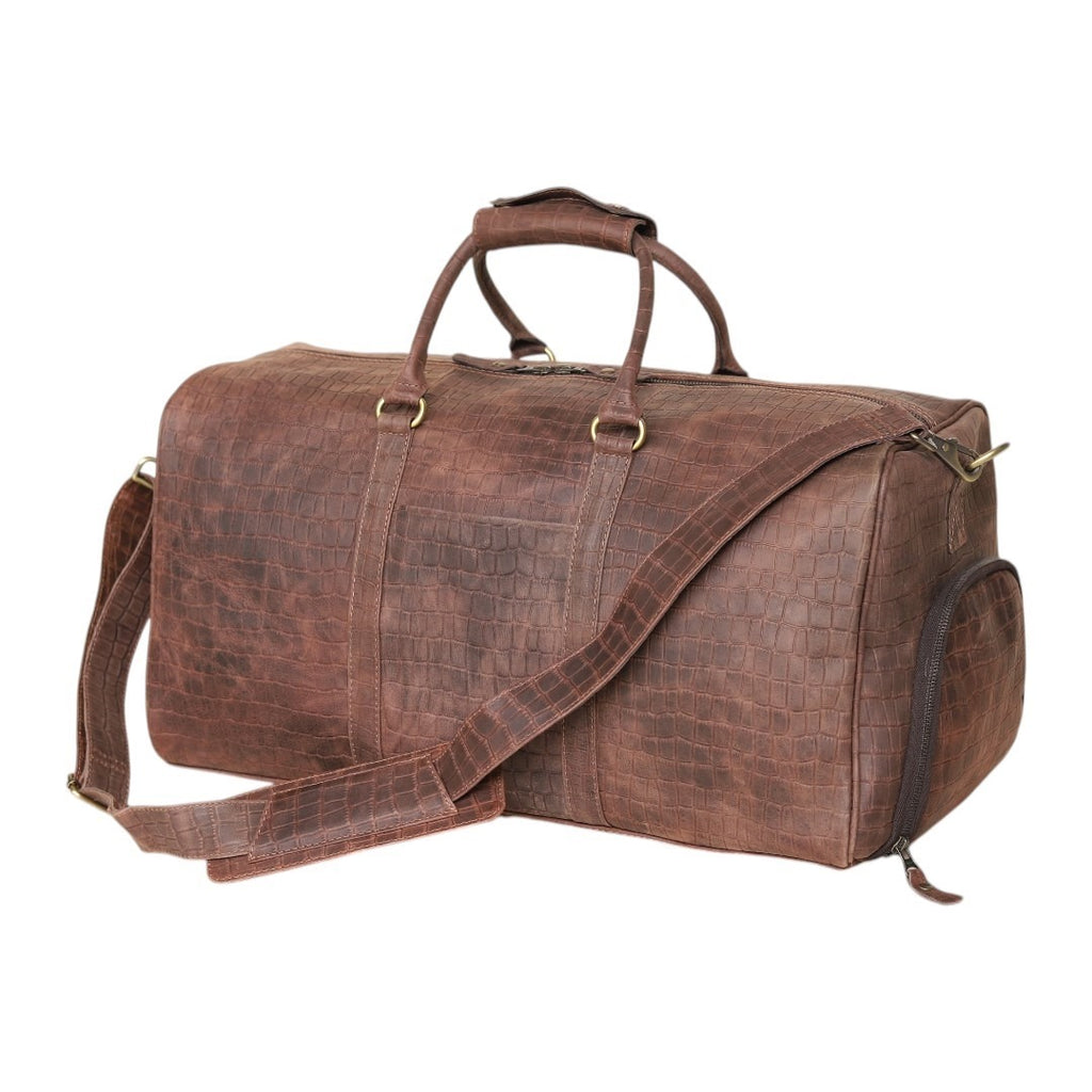 Croc embossed brown leather duffel bag