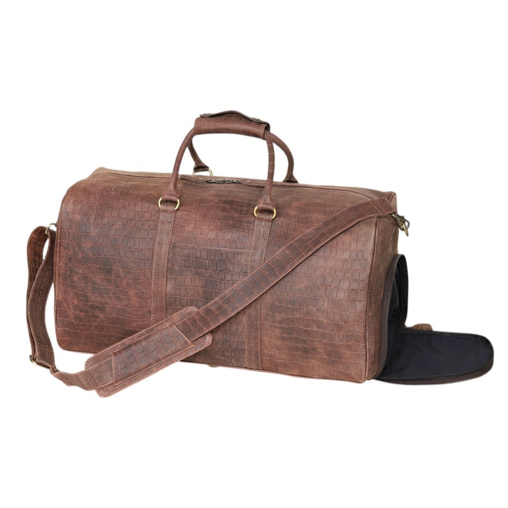 Croc embossed brown leather duffel bag
