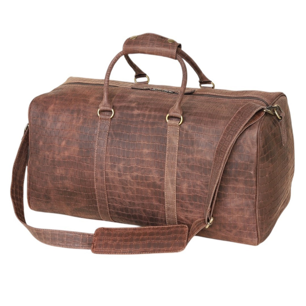 Croc embossed brown leather duffel bag