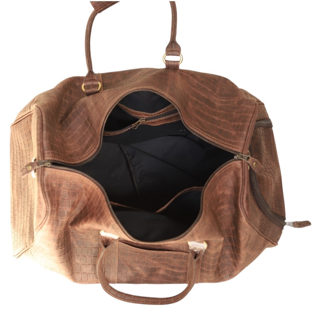 Croc embossed brown leather duffel bag