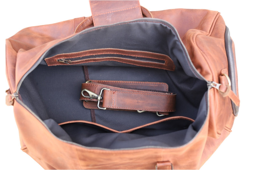 Genuine Vintage Leather Duffel Bag – Men's Weekender with Shoe Compartment
