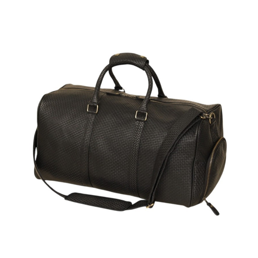 Black Woven Leather Duffel Bag | Gold Hardware