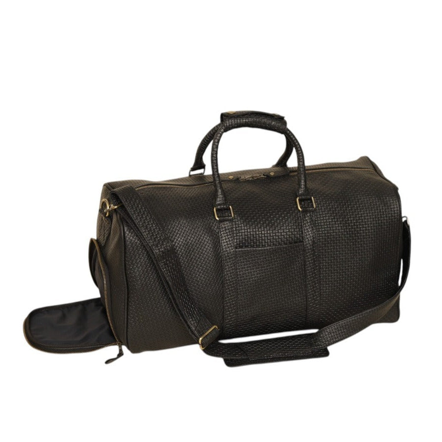 Black Woven Leather Duffel Bag | Gold Hardware