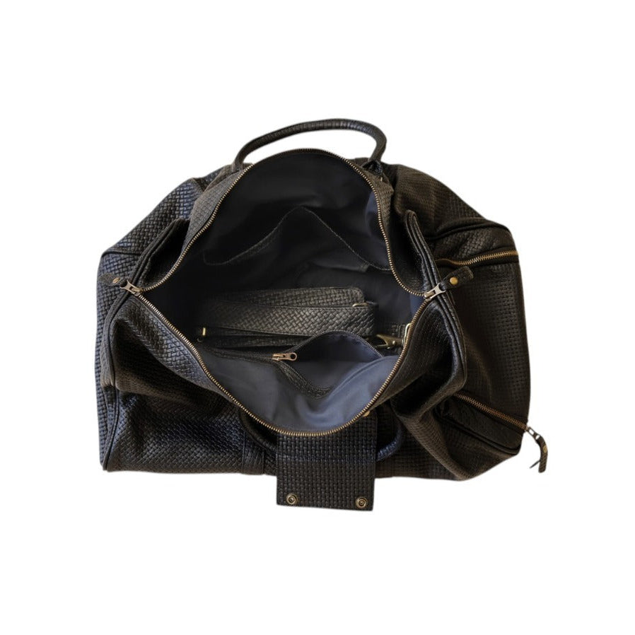 Black Woven Leather Duffel Bag | Gold Hardware