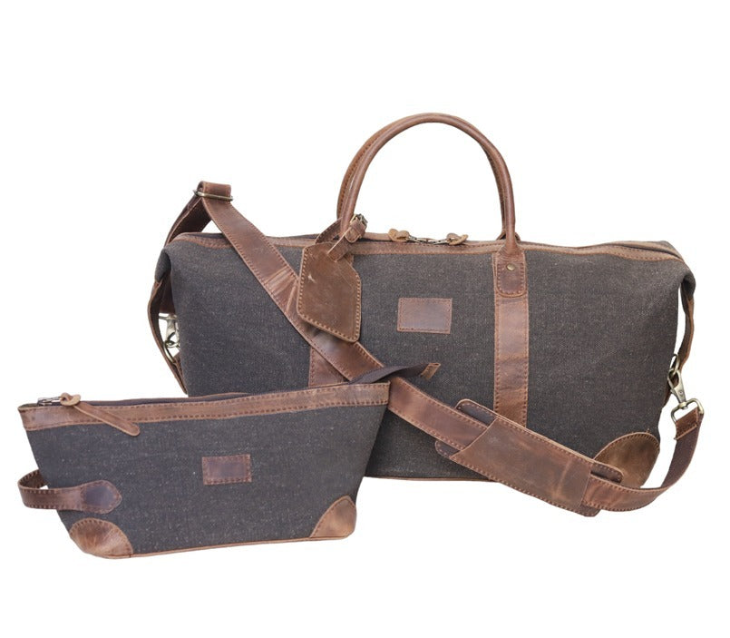 Canvas Leather Duffel Bag Set – Weekender Travel Bag with Matching Toiletry Pouch