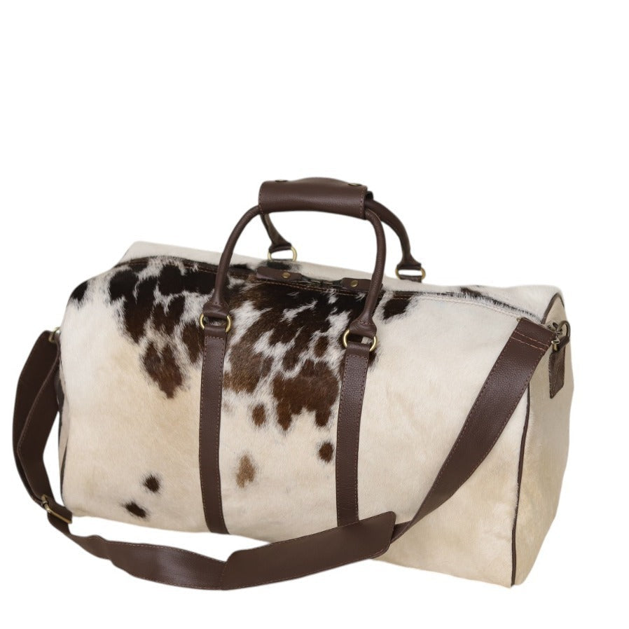 Genuine Cow Fur Leather Travel Weekender Bag with Shoulder Strap