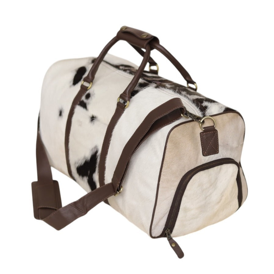 Genuine Cow Fur Leather Travel Weekender Bag with Shoulder Strap