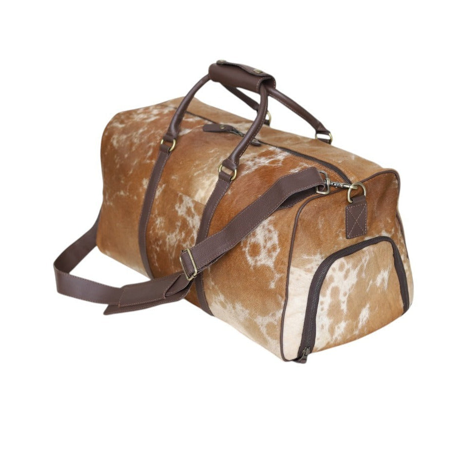 Tan Cowhide Duffel Bag – Genuine Cow Fur Leather Travel Weekender Bag with Shoulder Strap