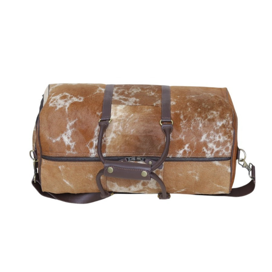 Tan Cowhide Duffel Bag – Genuine Cow Fur Leather Travel Weekender Bag with Shoulder Strap