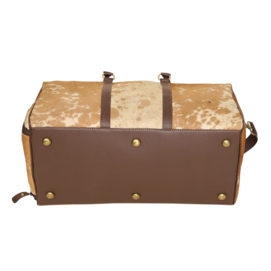 Tan Cowhide Duffel Bag – Genuine Cow Fur Leather Travel Weekender Bag with Shoulder Strap