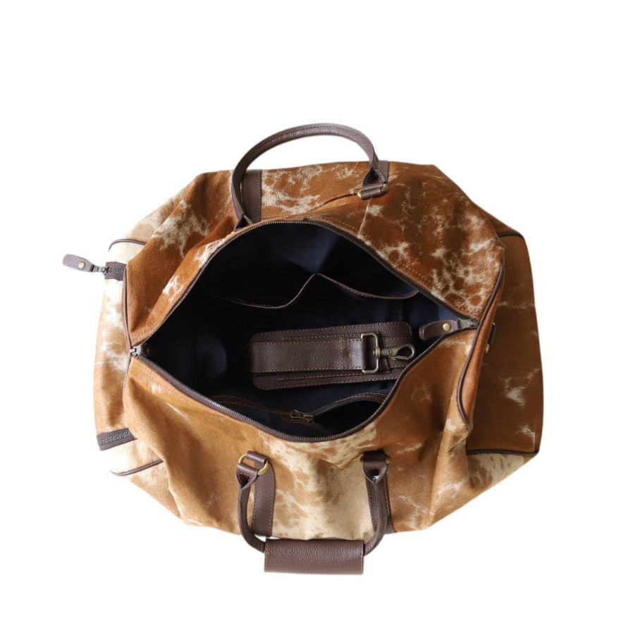 Tan Cowhide Duffel Bag – Genuine Cow Fur Leather Travel Weekender Bag with Shoulder Strap