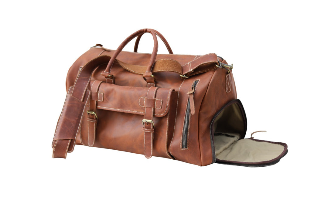 Vintage Leather Duffel Bag – Handmade Travel Weekender Bag with Front Pocket