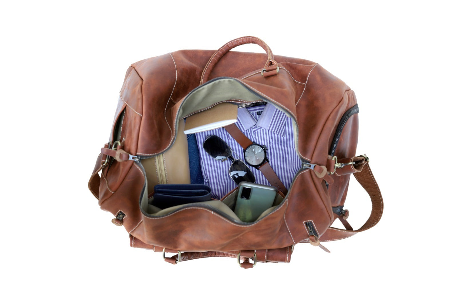 Vintage Leather Duffel Bag – Handmade Travel Weekender Bag with Front Pocket