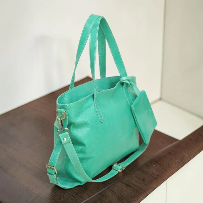 Premium Mint Green Genuine Leather Tote Bag for Women Crossbody Handbag