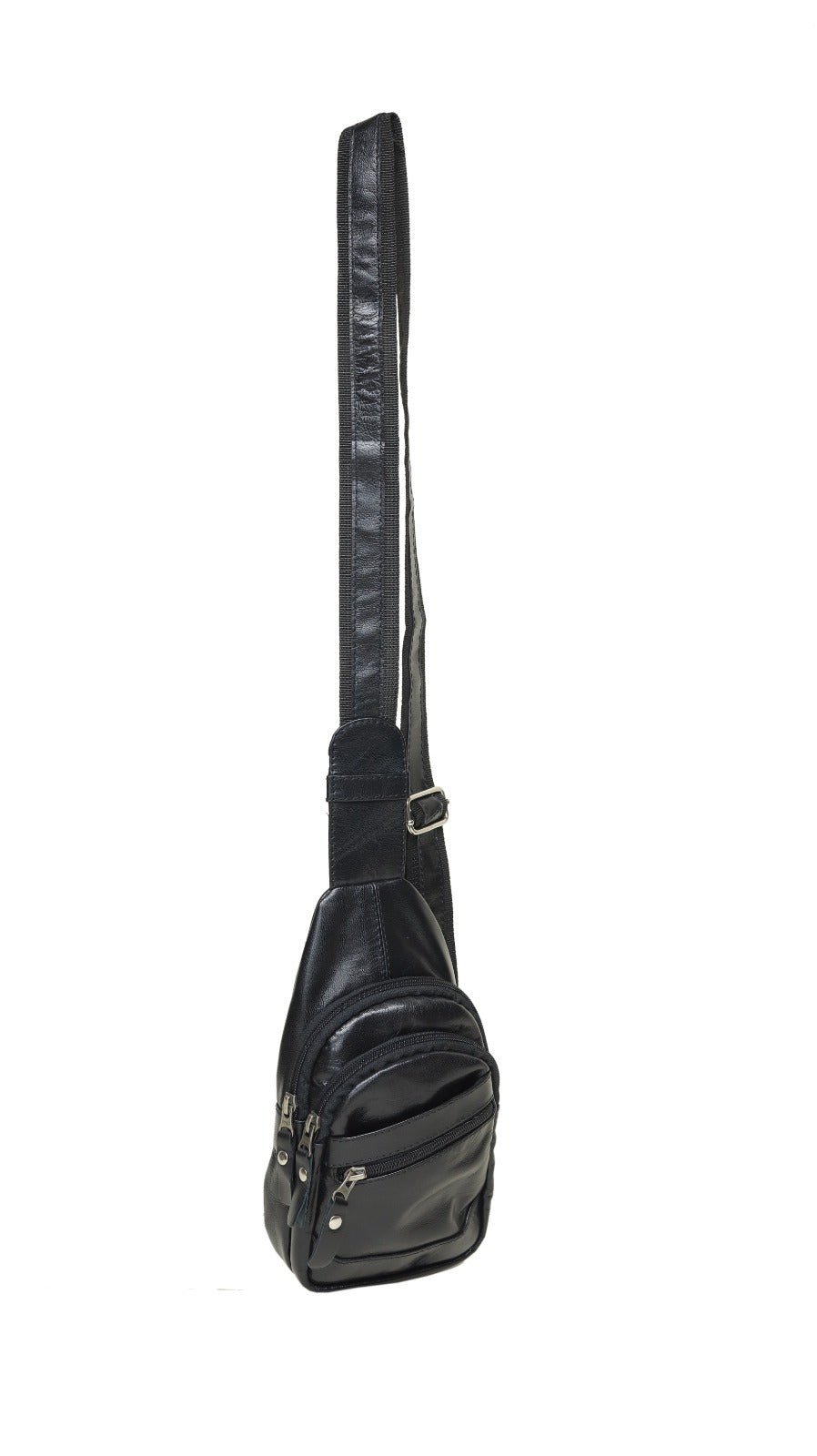 A black leather crossbody sling bag with a long shoulder strap, shown against a plain white background.