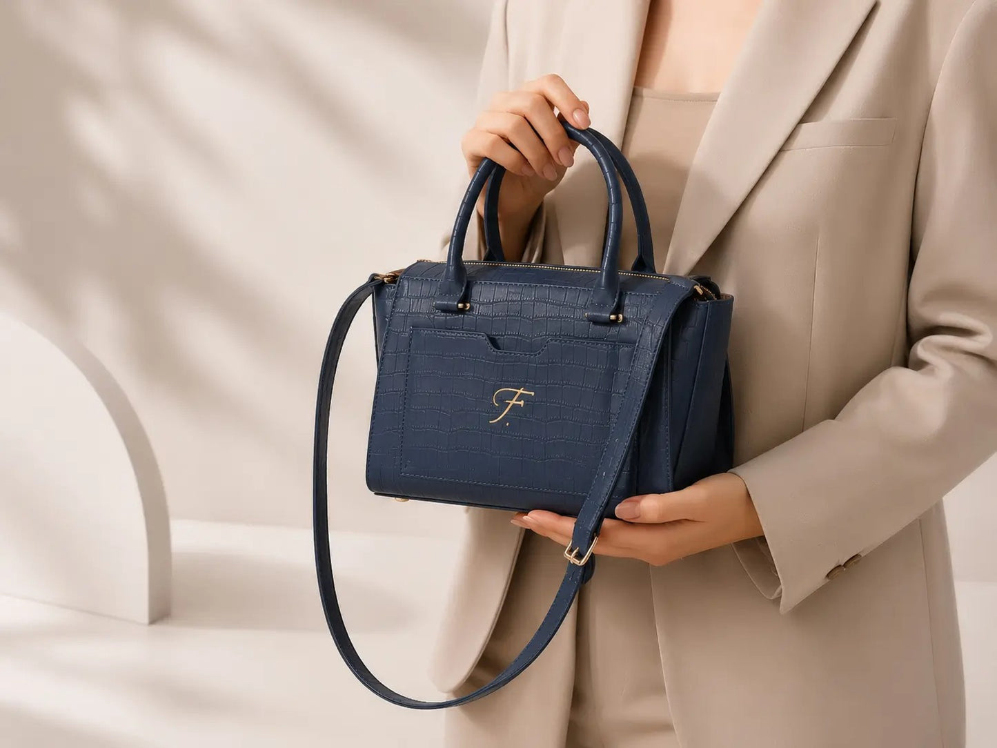 Luxury Navy Blue Crocodile Embossed Genuine Leather Handbag for Women