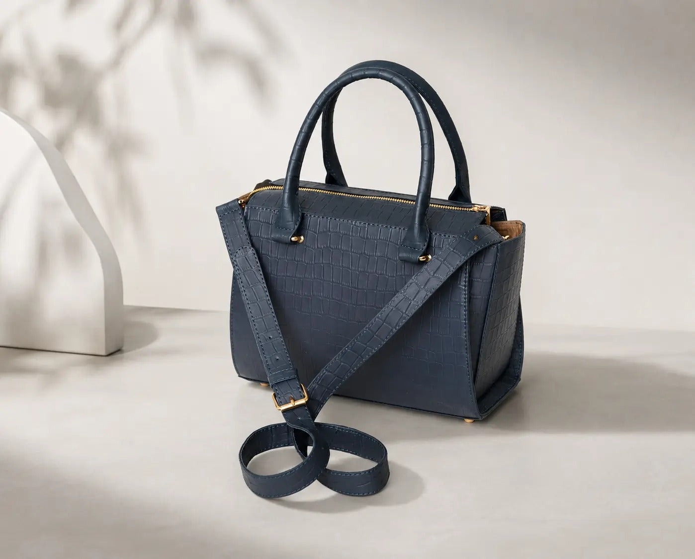 Luxury Navy Blue Crocodile Embossed Genuine Leather Handbag for Women