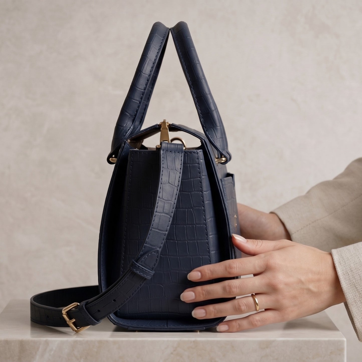 Luxury Navy Blue Crocodile Embossed Genuine Leather Handbag for Women