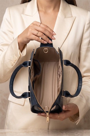 Luxury Navy Blue Crocodile Embossed Genuine Leather Handbag for Women