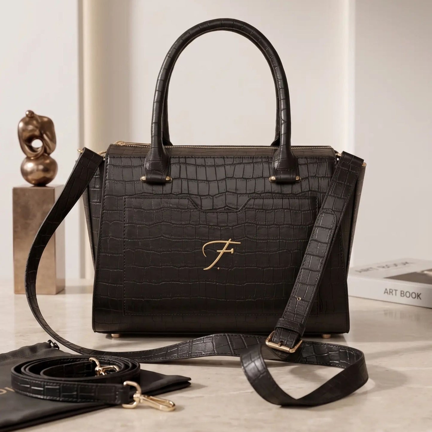 Luxury Black Crocodile Embossed Genuine Leather Handbag for Women Shoulder Bag & Crossbody Purse