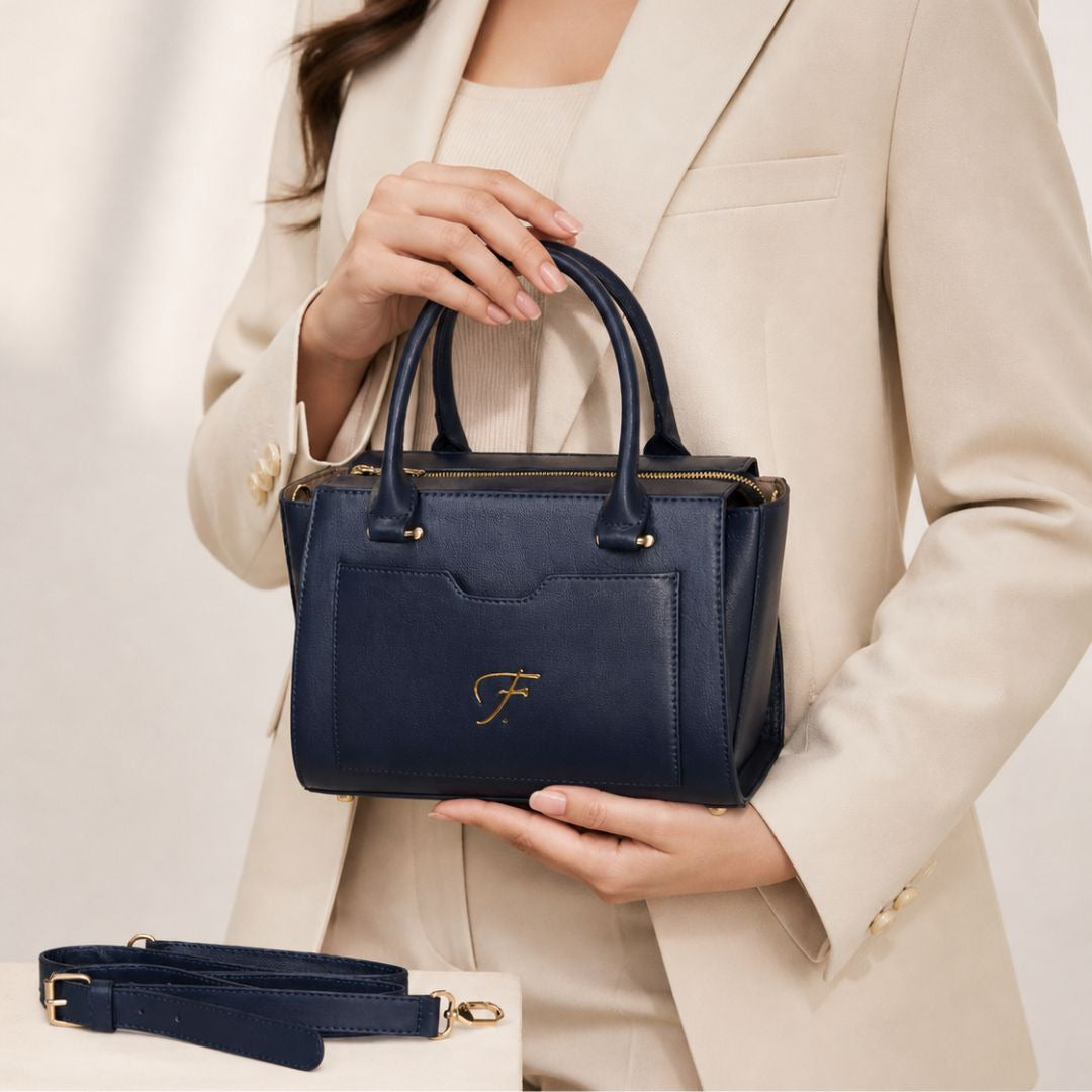 Luxury Navy Blue Genuine Leather Satchel Handbag for Women – Designer Crossbody Shoulder Purse | Leathers Crafted