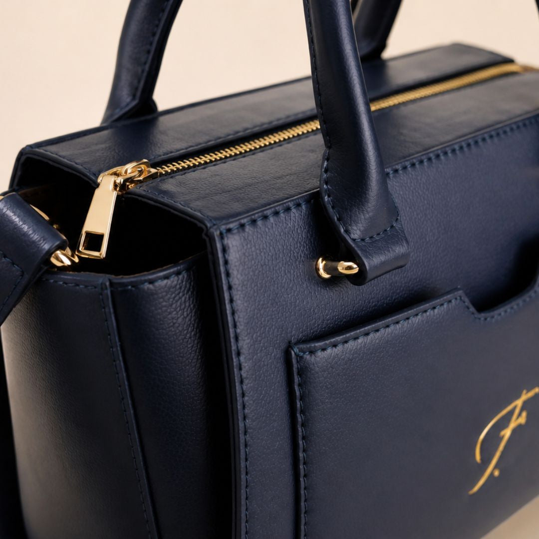 Luxury Navy Blue Genuine Leather Satchel Handbag for Women – Designer Crossbody Shoulder Purse | Leathers Crafted