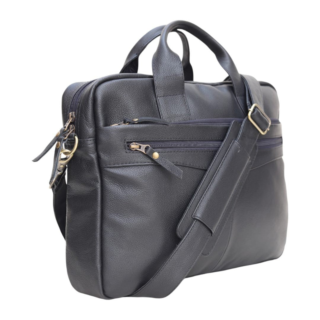 Genuine Leather Laptop Briefcase for Men – Black Leather Business Work Bag with Shoulder Strap
