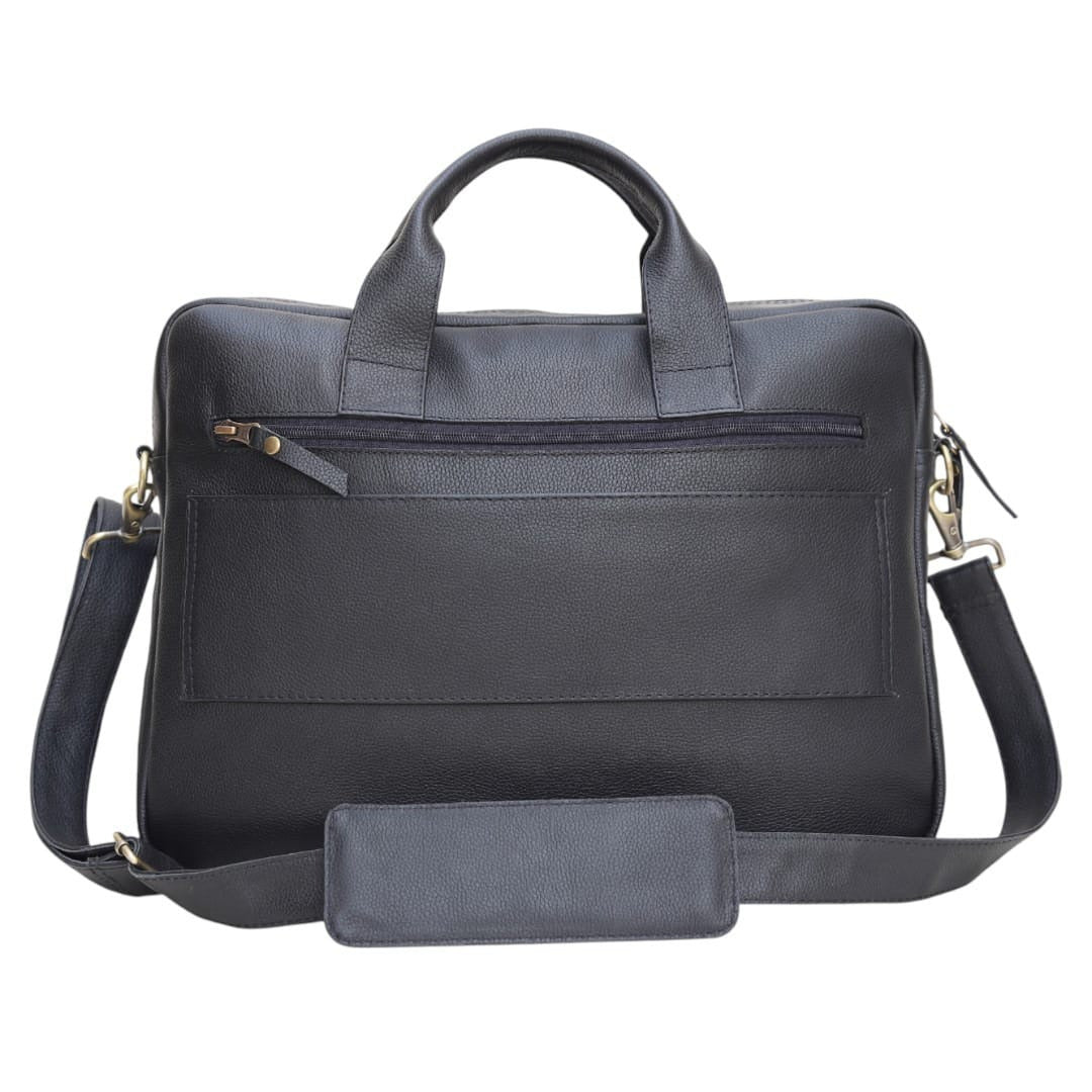 Genuine Leather Laptop Briefcase for Men – Black Leather Business Work Bag with Shoulder Strap