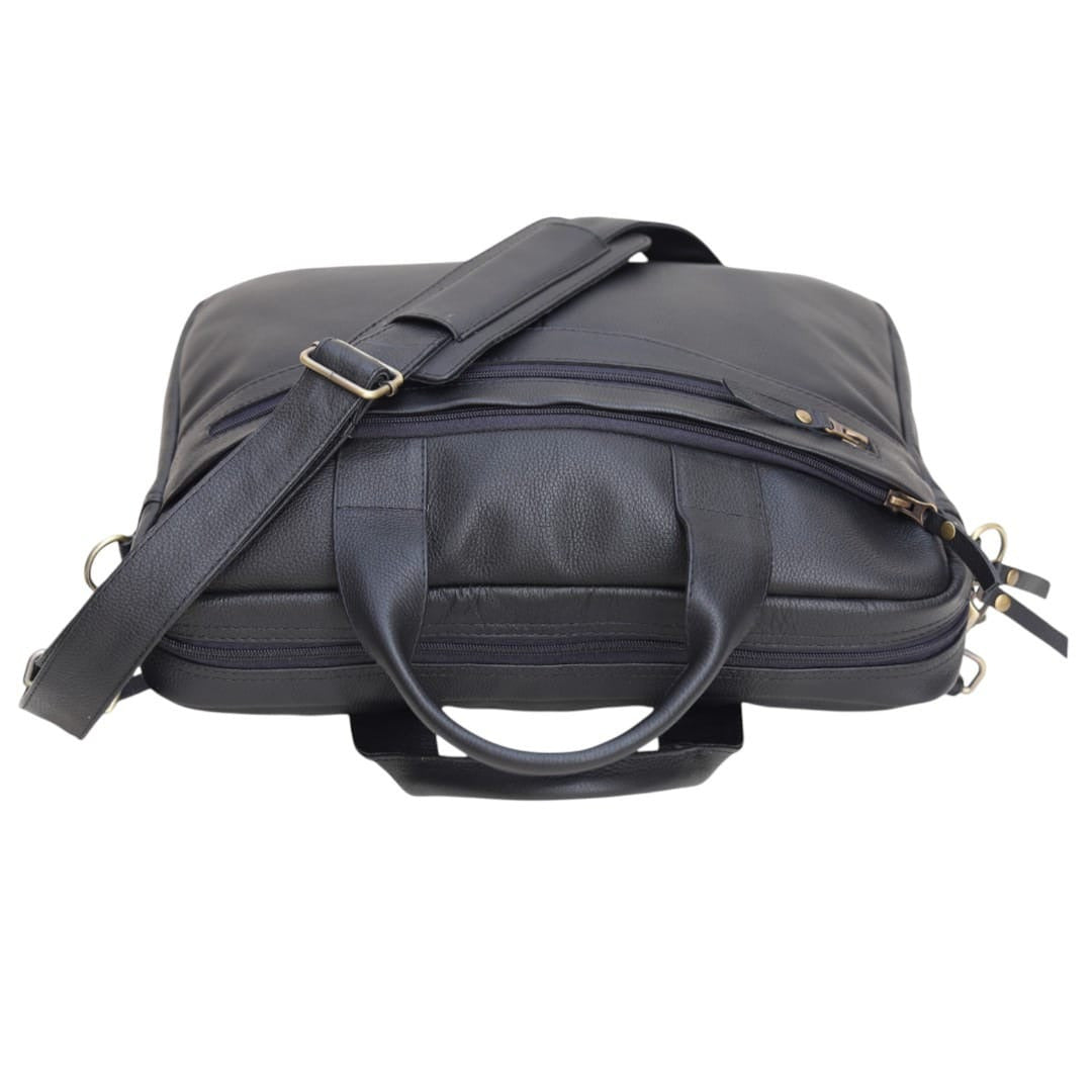 Genuine Leather Laptop Briefcase for Men – Black Leather Business Work Bag with Shoulder Strap