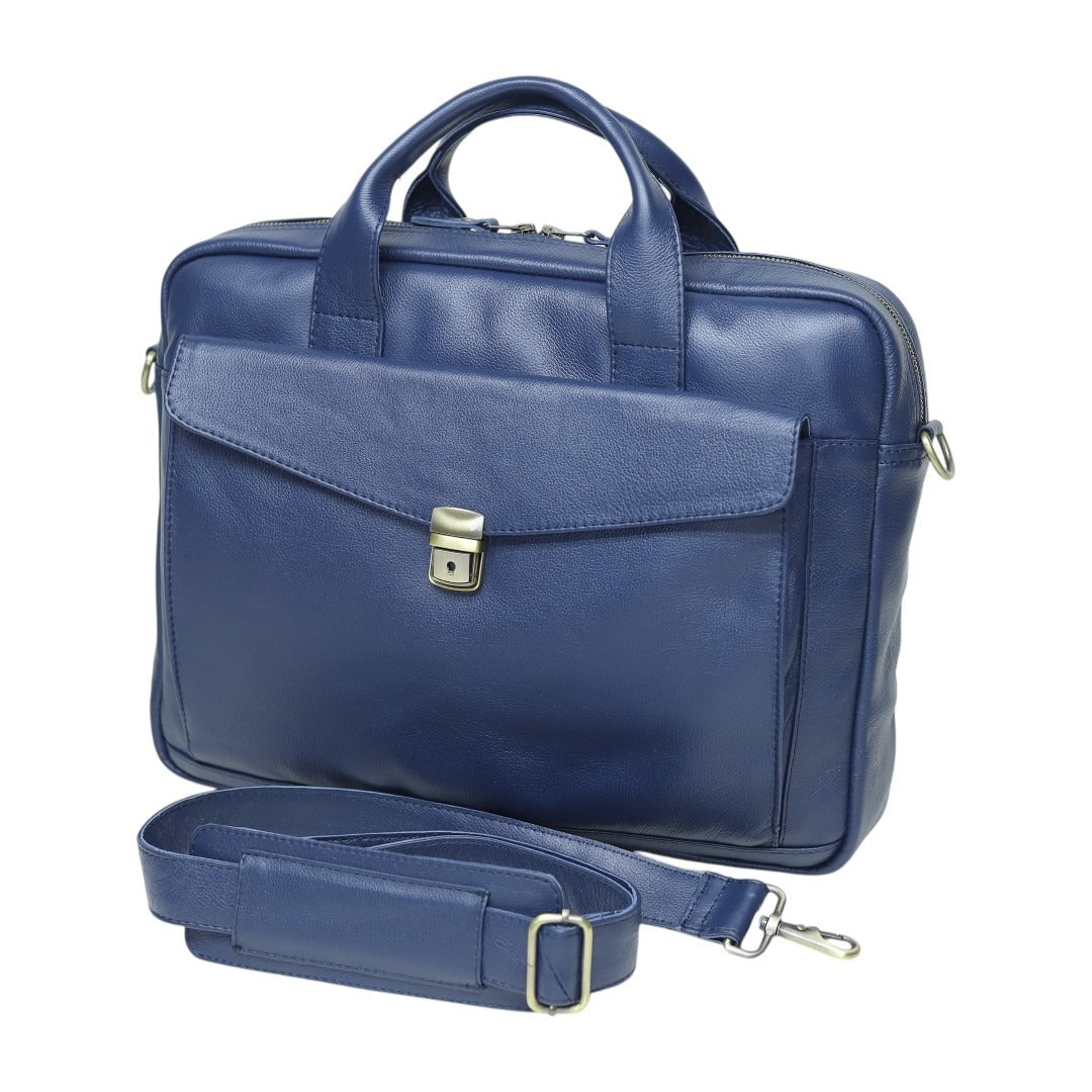 Genuine Leather Laptop Briefcase for Men – Navy Blue Business Office Bag with Shoulder Strap