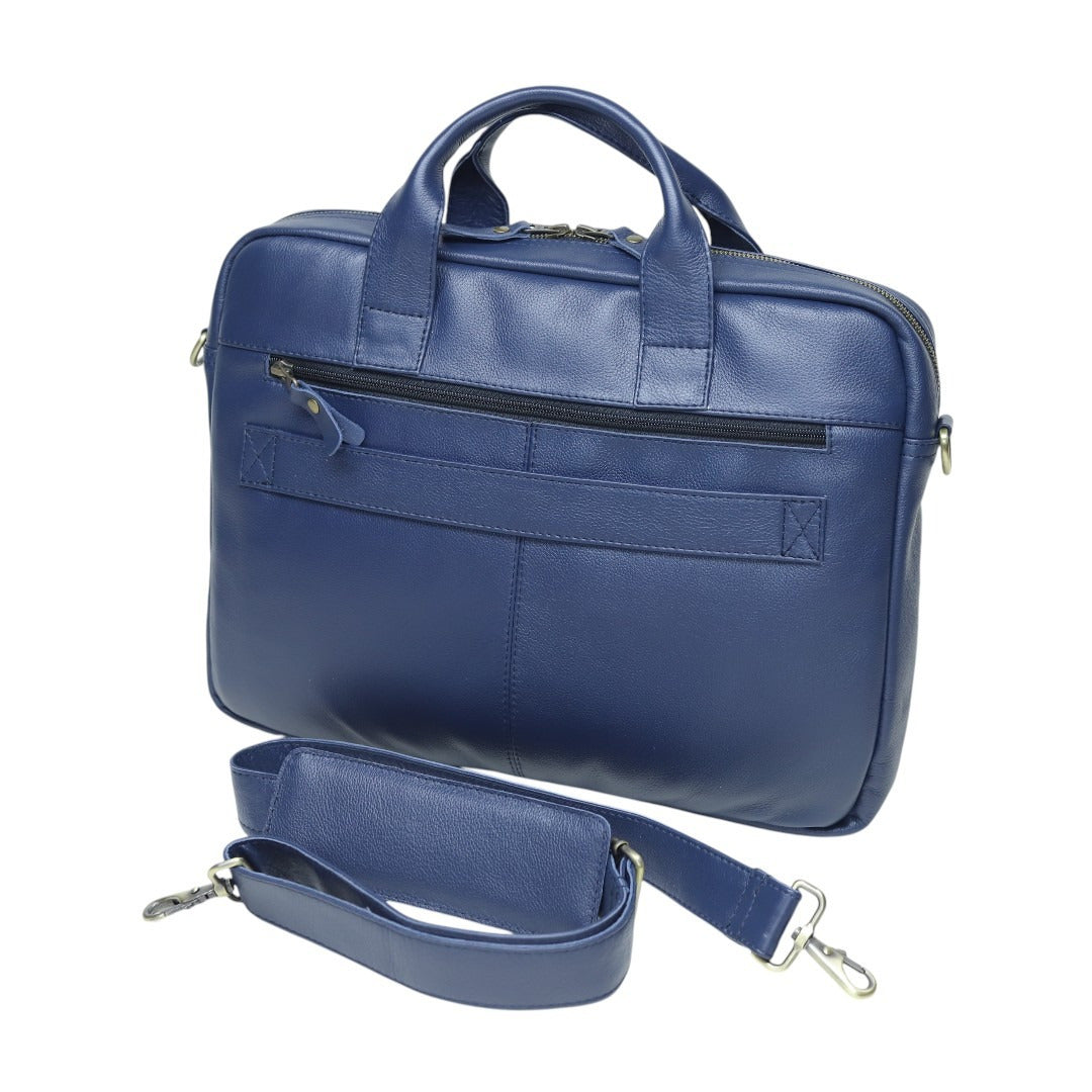 Genuine Leather Laptop Briefcase for Men – Navy Blue Business Office Bag with Shoulder Strap