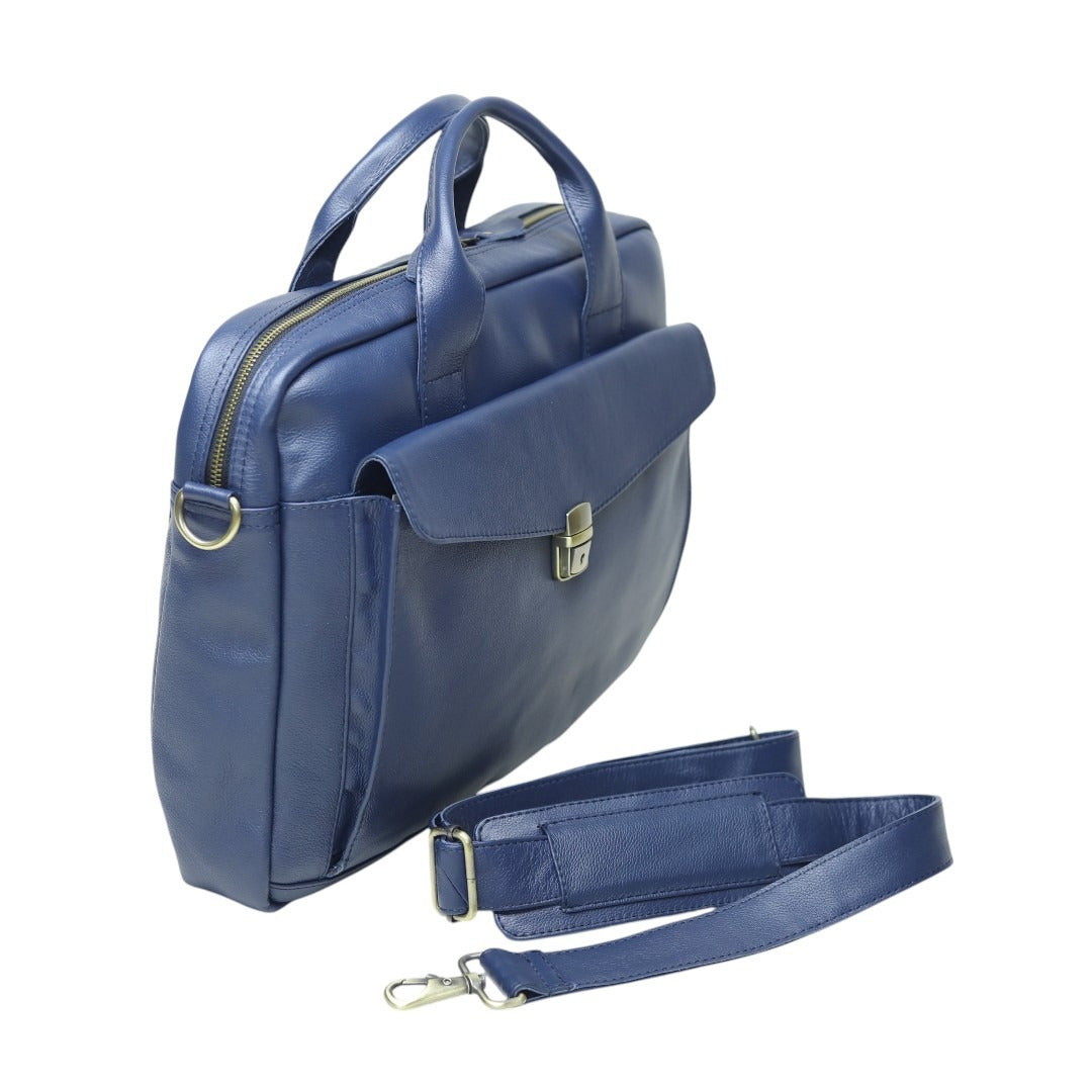 Genuine Leather Laptop Briefcase for Men – Navy Blue Business Office Bag with Shoulder Strap