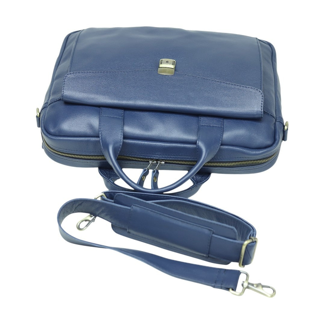 Genuine Leather Laptop Briefcase for Men – Navy Blue Business Office Bag with Shoulder Strap