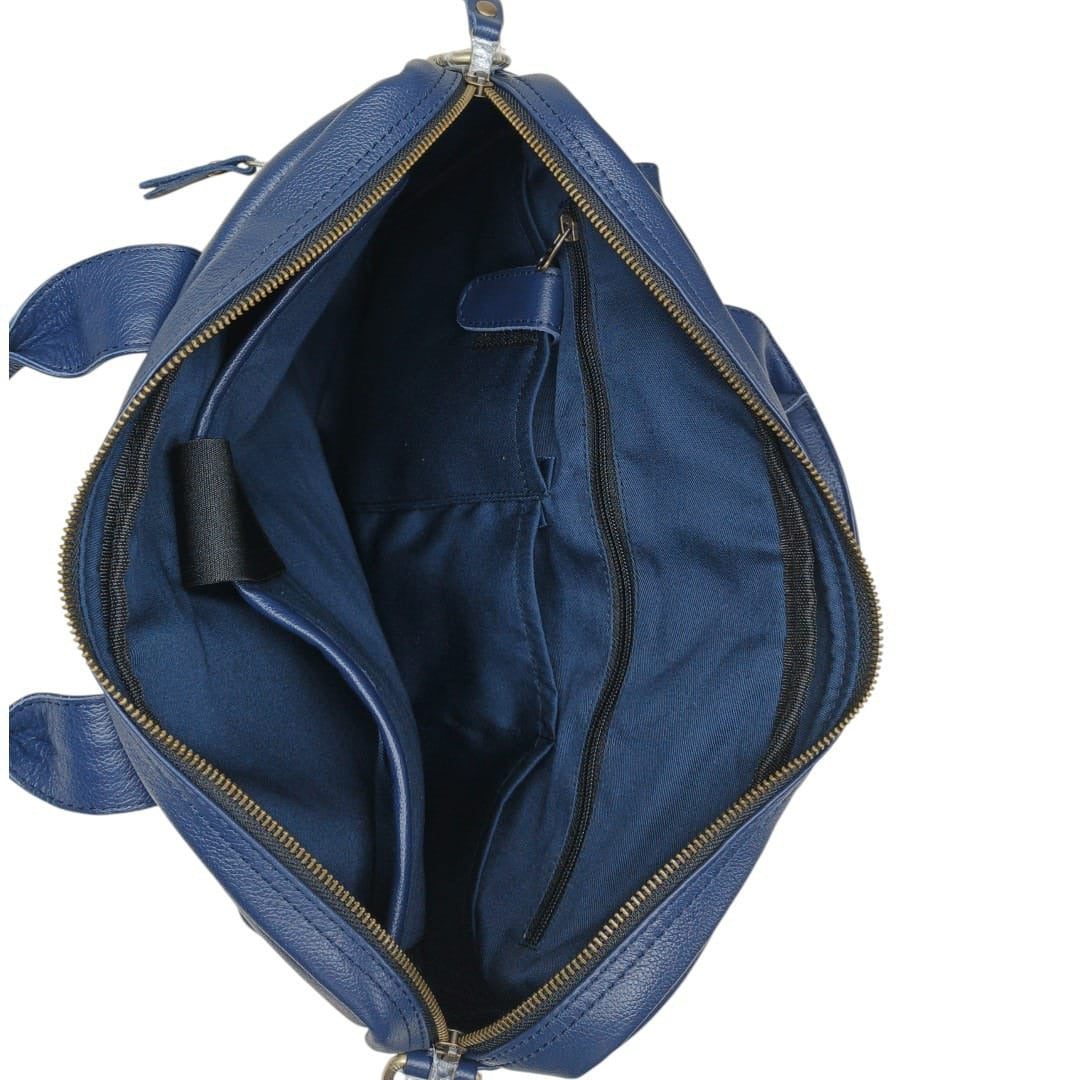 Genuine Leather Laptop Briefcase for Men – Navy Blue Business Office Bag with Shoulder Strap