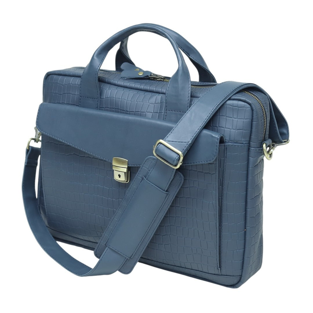 Genuine Leather Laptop Briefcase for Men – Navy Blue Crocodile Pattern Business Bag