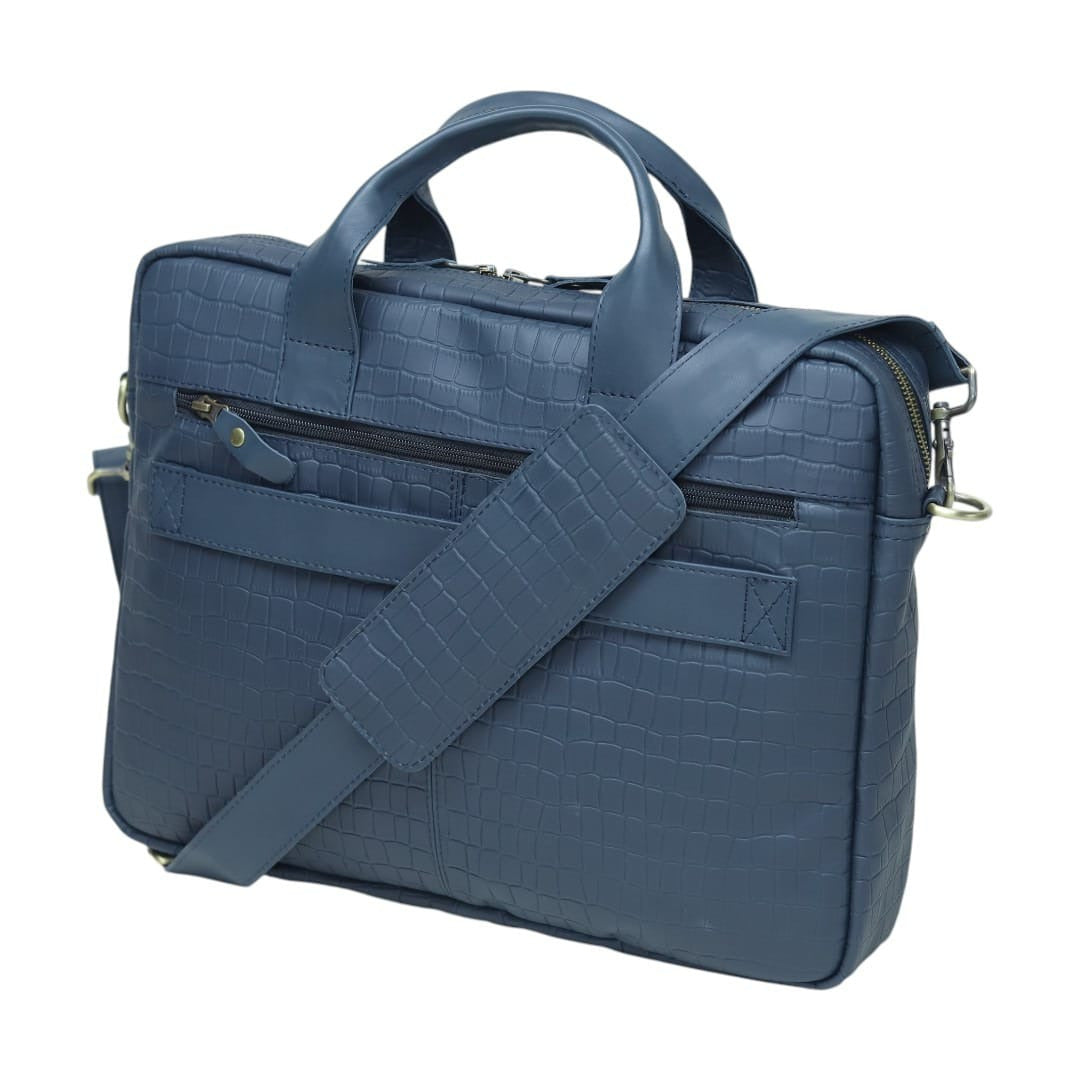 Genuine Leather Laptop Briefcase for Men – Navy Blue Crocodile Pattern Business Bag